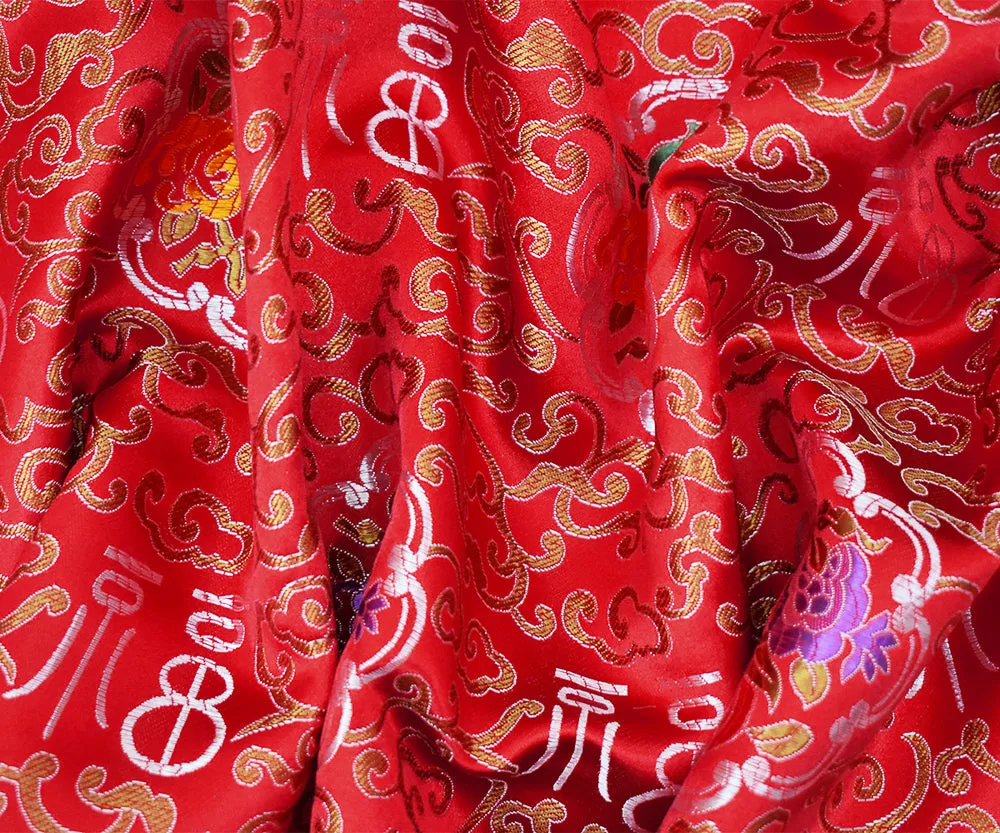 Red-Orange-Multi Polyester Fancy Floral Trellis Chinese Brocade Woven Fabric