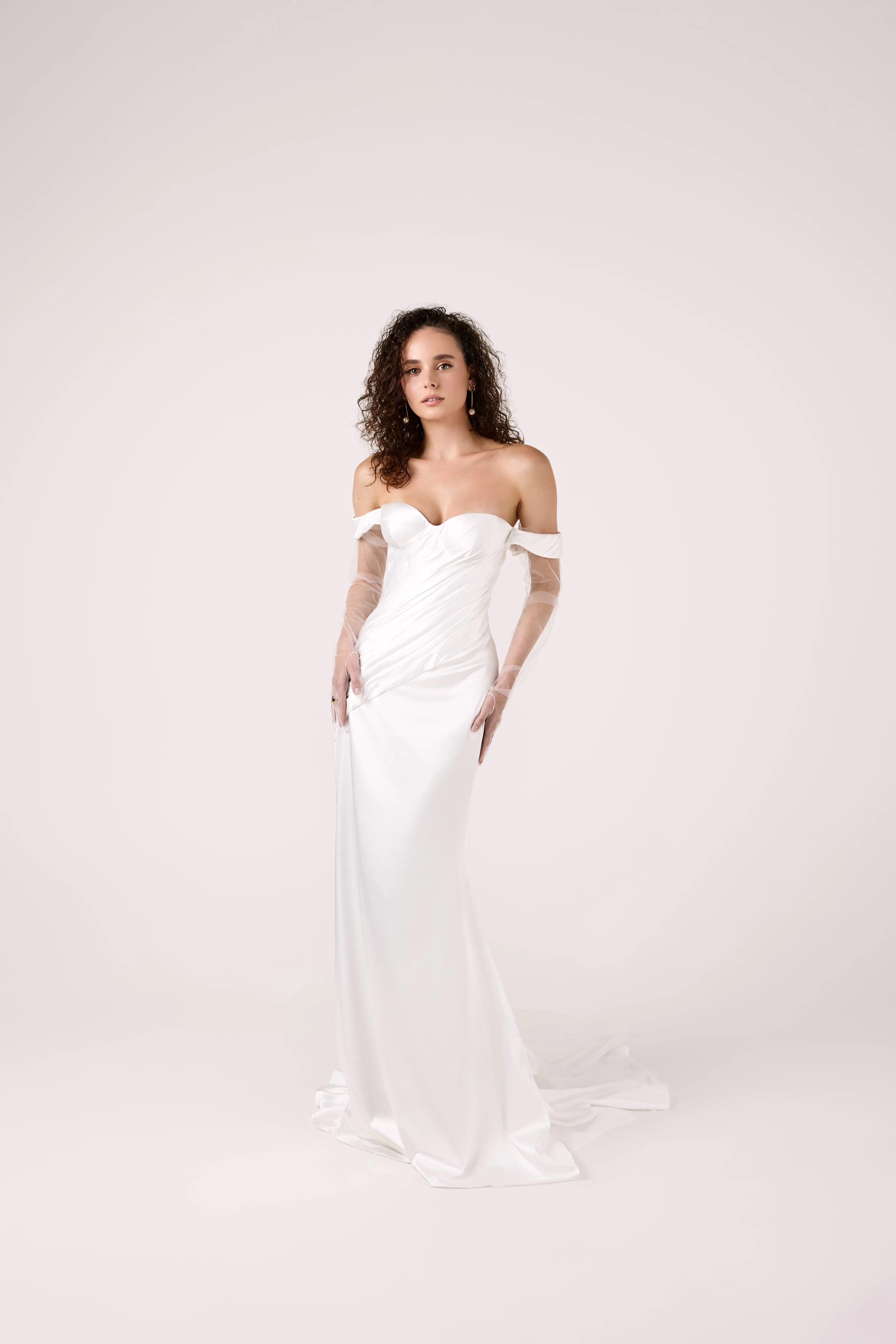 Refined Shiny Satin Trumpet Wedding Dress with Draped Corset