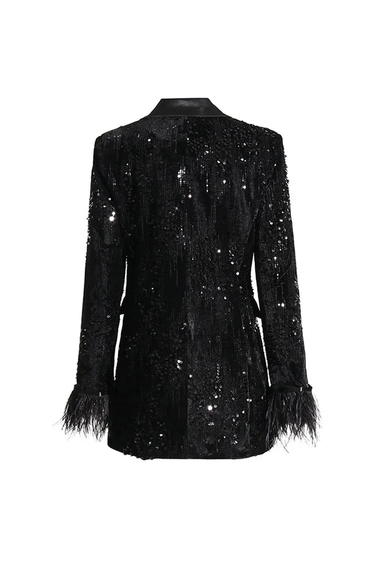 Silky Satin Lapel Feather Trim Long Sleeve Cinch Waist Sequin Party Blazer