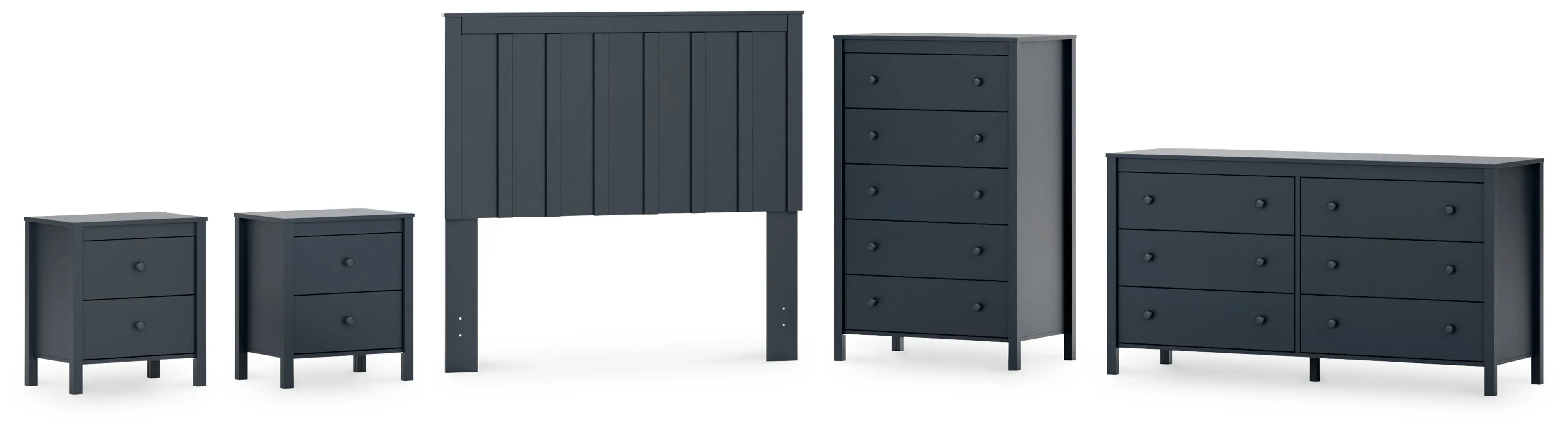 Simmenfort Full Panel Headboard with Dresser, Chest and 2 Nightstands in Navy Blue