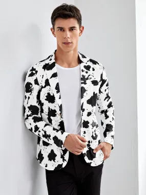 Single Breasted Cow Print Notch Collar Blazer