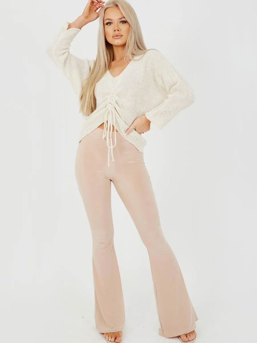 Stevie Scrunch Back Flared Slinky Trousers In Stone