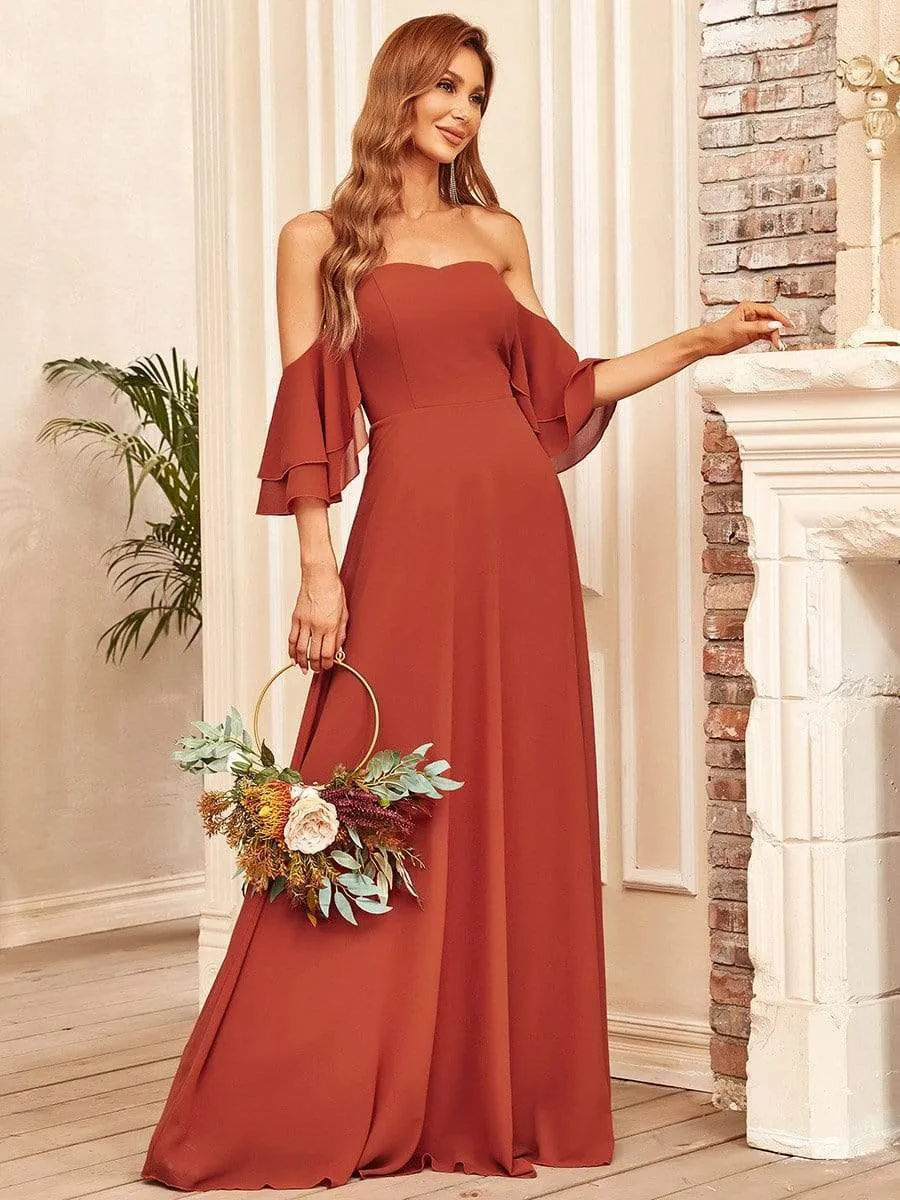 Strapless A Line Tulip Sleeves Maxi Bridesmaid Dresses