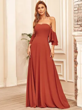 Strapless A Line Tulip Sleeves Maxi Bridesmaid Dresses