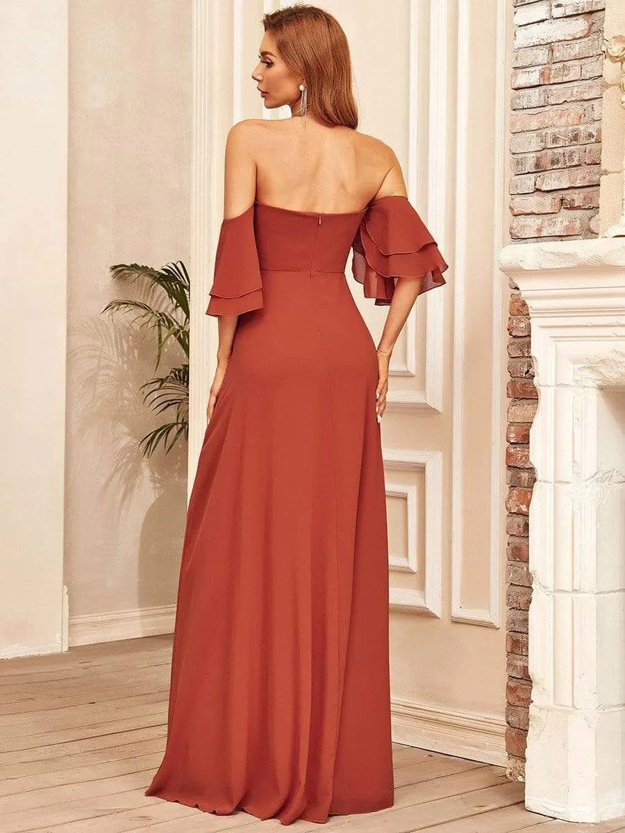 Strapless A Line Tulip Sleeves Maxi Bridesmaid Dresses