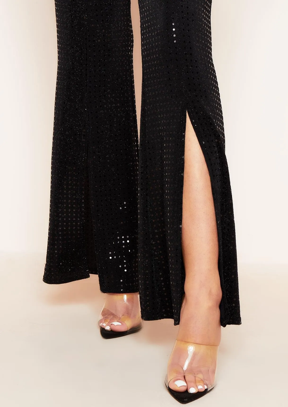 Taylor Black Sequin Front Split Flared Trousers