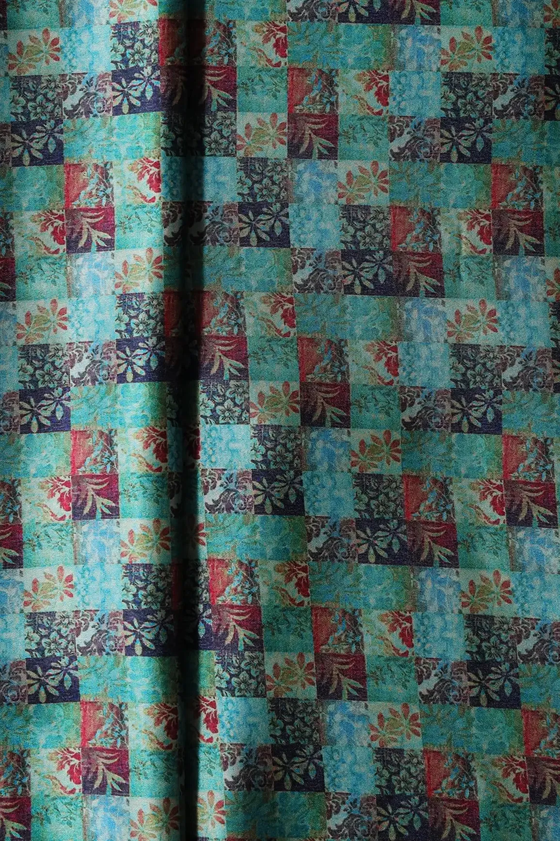 Turquoise And Red Floral Checks Pattern Digital Print On Satin Fabric