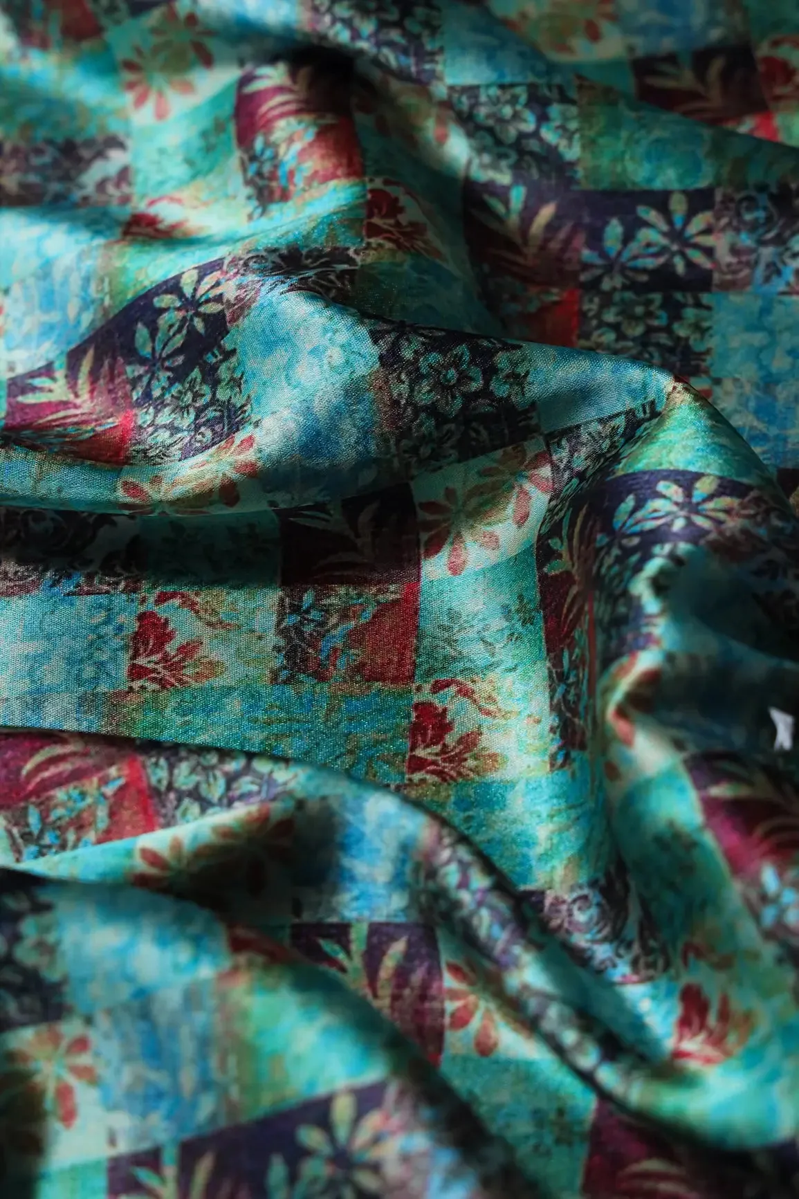 Turquoise And Red Floral Checks Pattern Digital Print On Satin Fabric