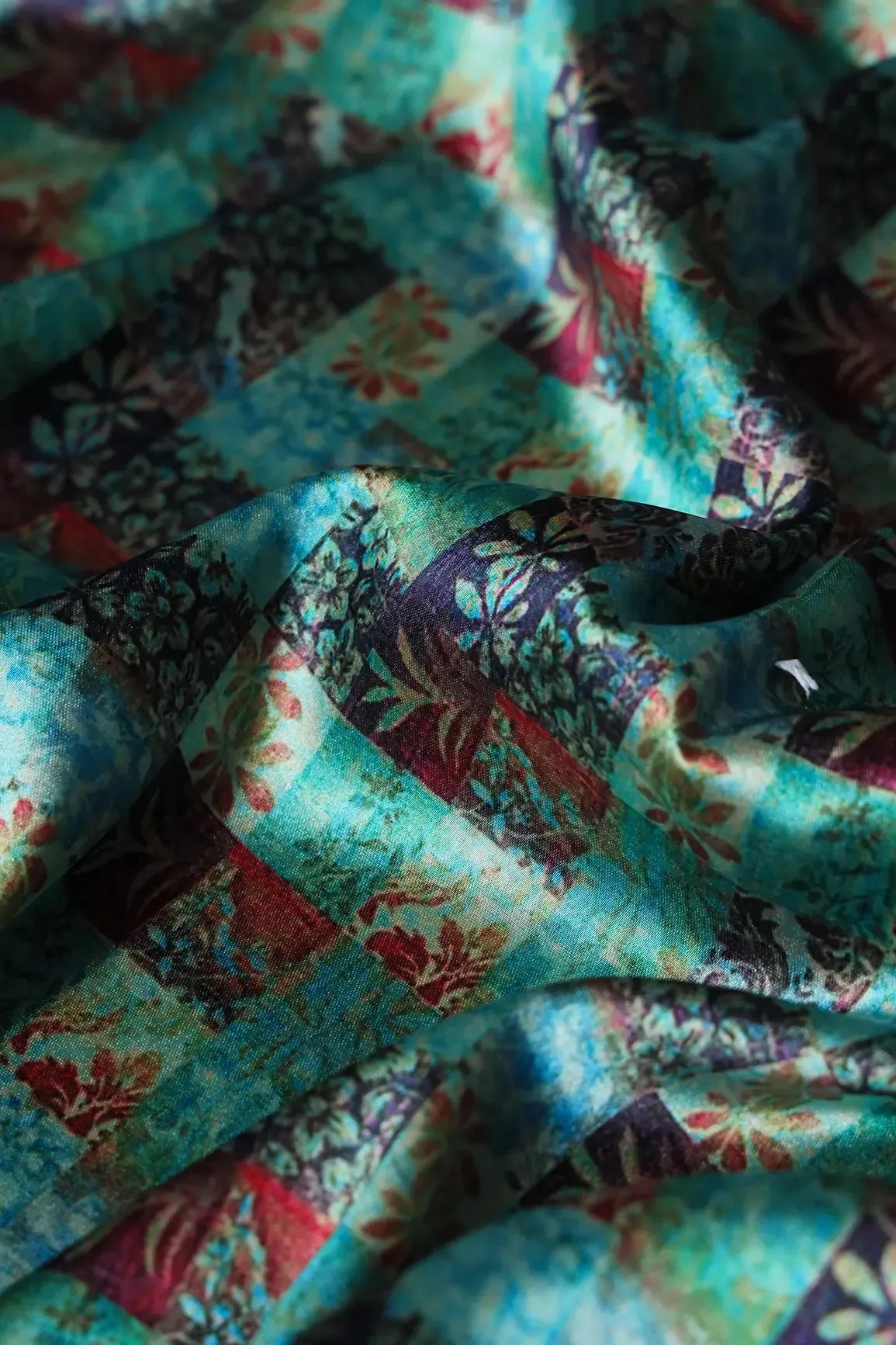 Turquoise And Red Floral Checks Pattern Digital Print On Satin Fabric