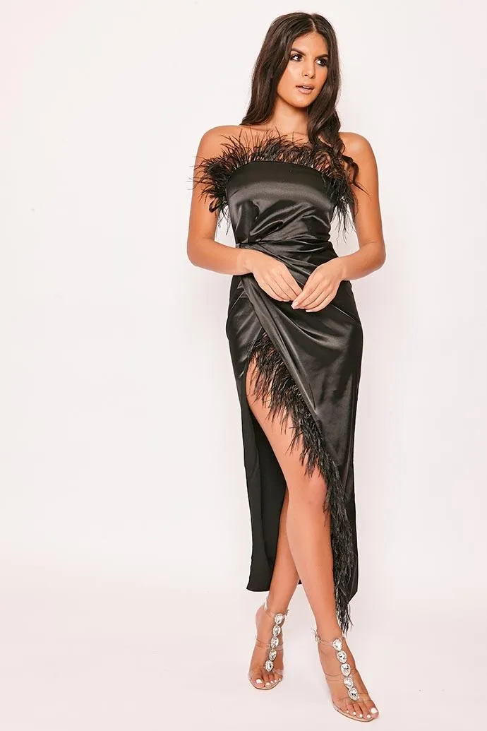 Vivienne  - Black Strapless Feather Trim Thigh Split Satin Dress