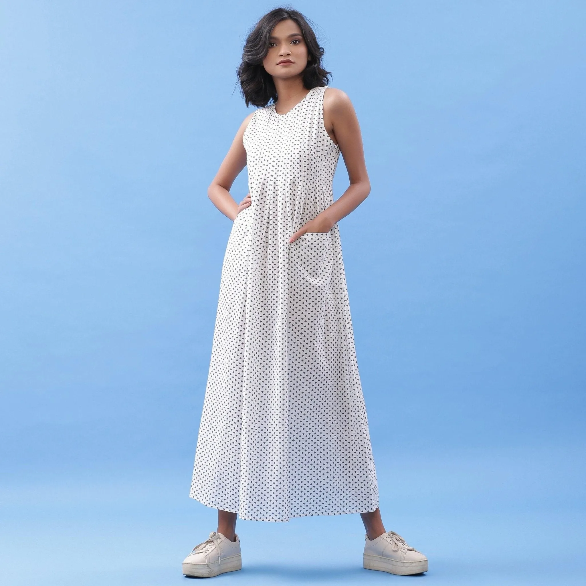 White Minimal Block Printed Maxi Cotton Dress