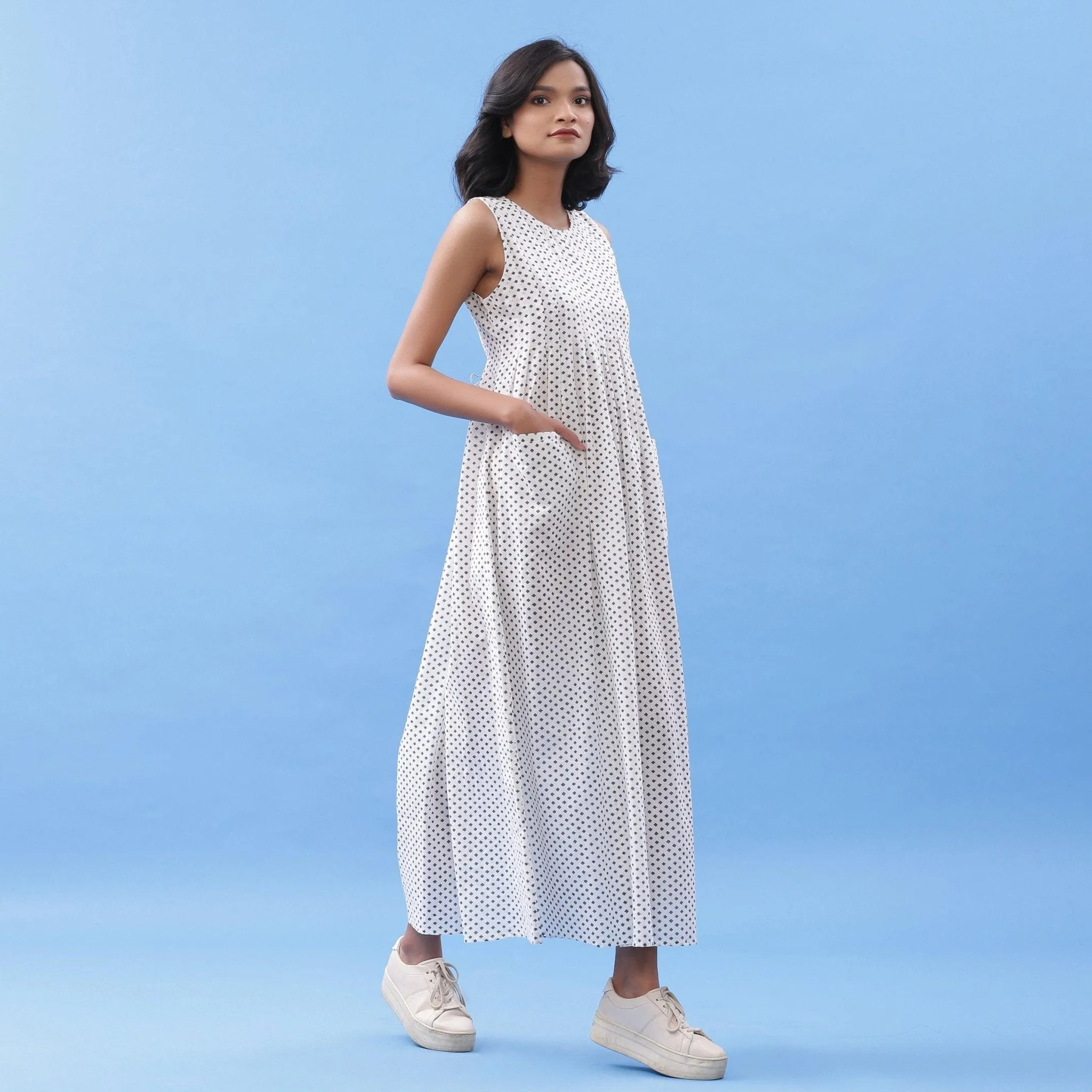 White Minimal Block Printed Maxi Cotton Dress