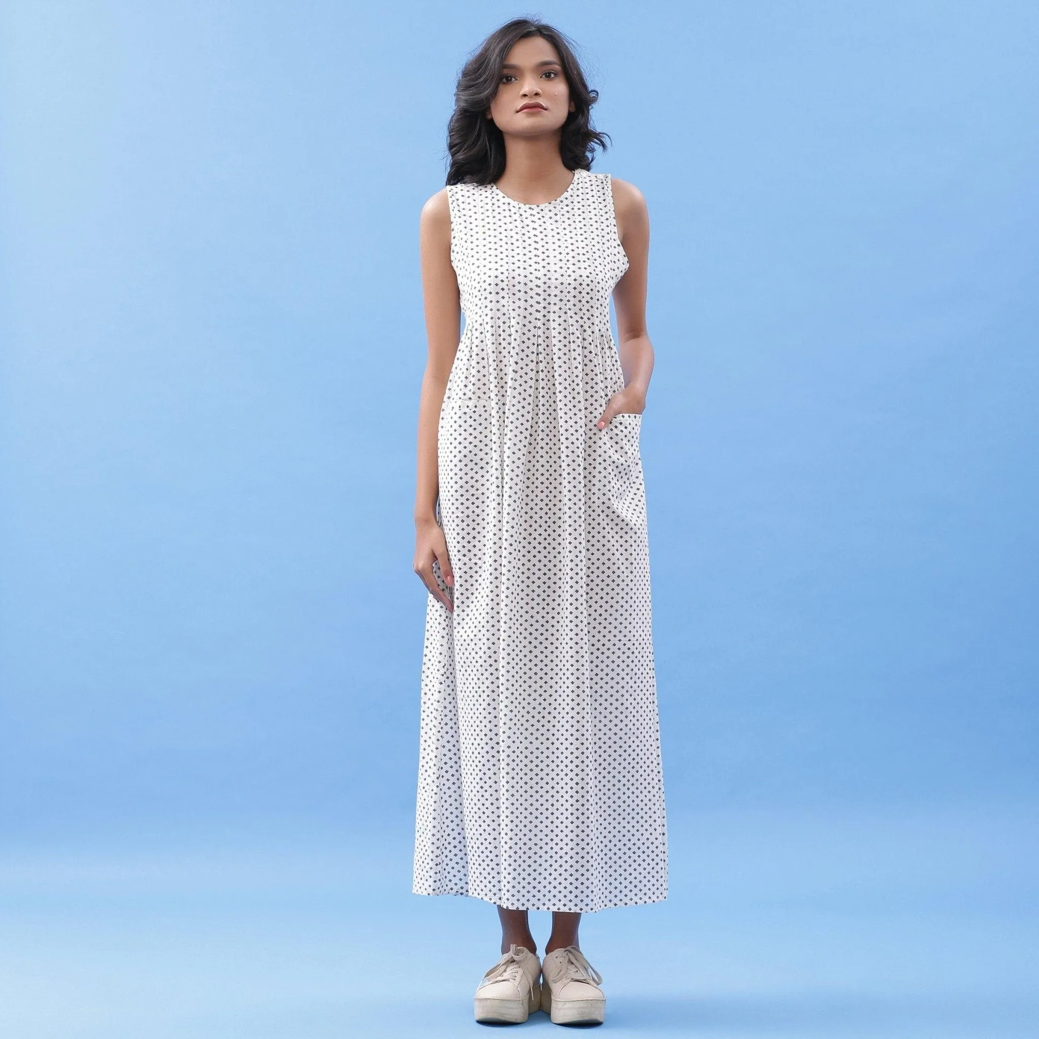 White Minimal Block Printed Maxi Cotton Dress