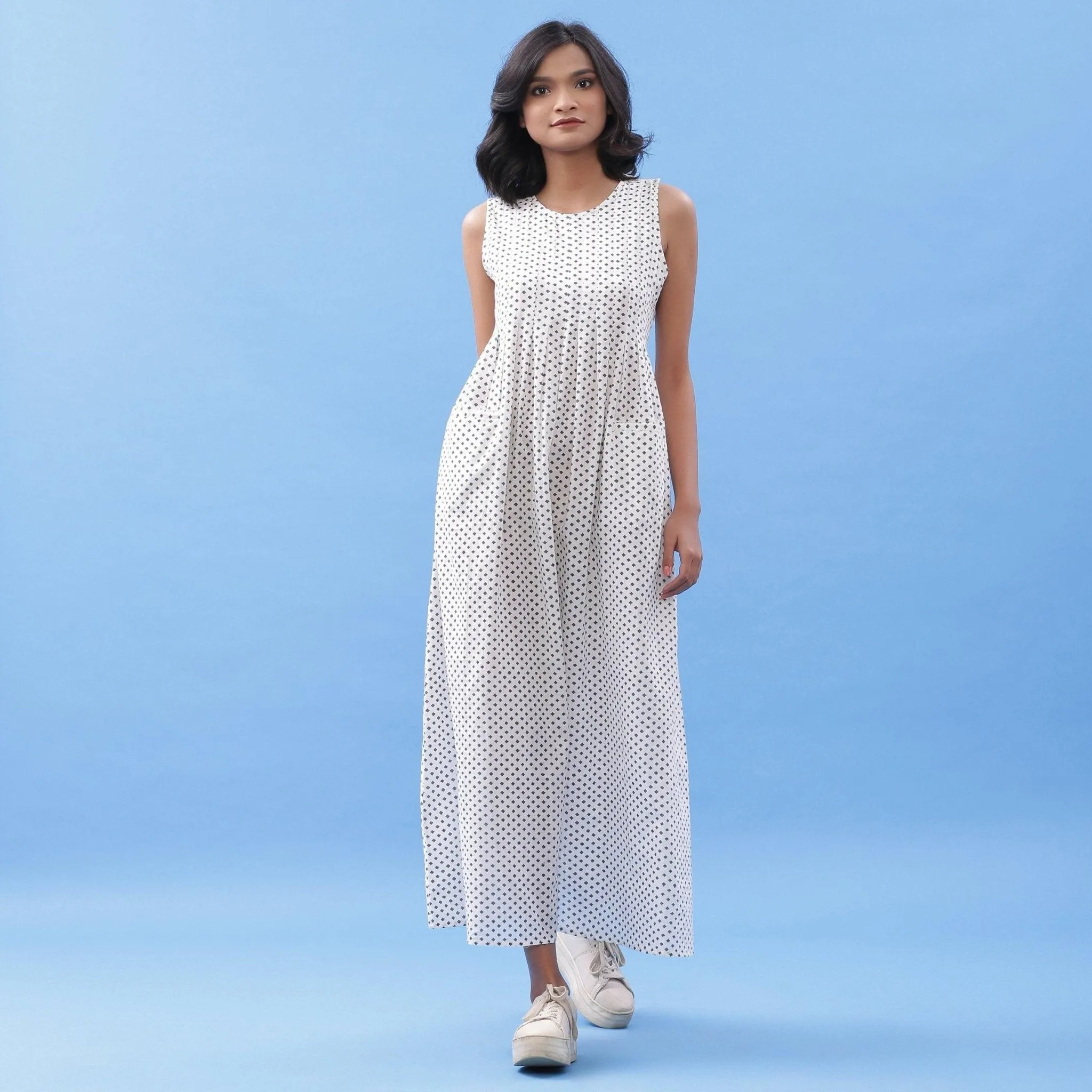 White Minimal Block Printed Maxi Cotton Dress